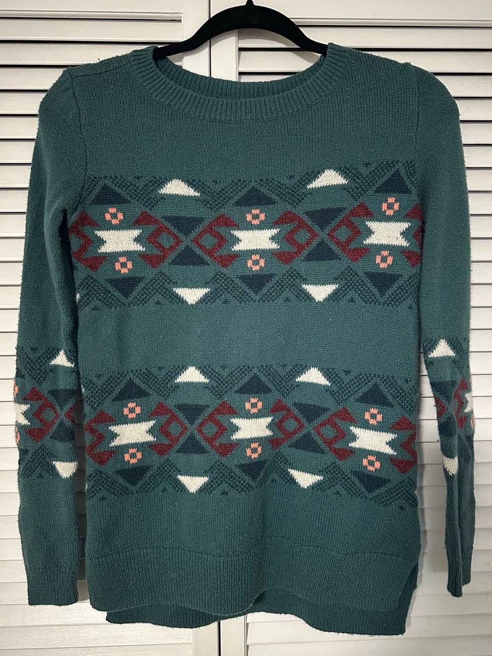 Hollister Teal Crewneck Sweater with Aztec Motif